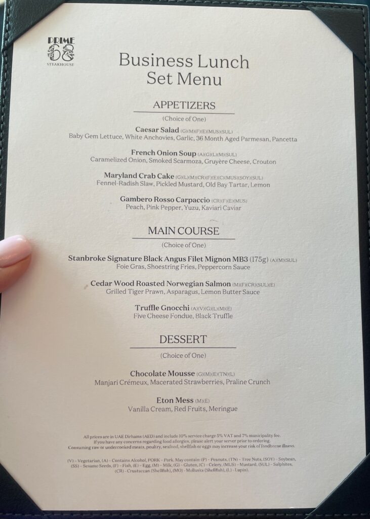 Prime68 steakhouse business lunch menu