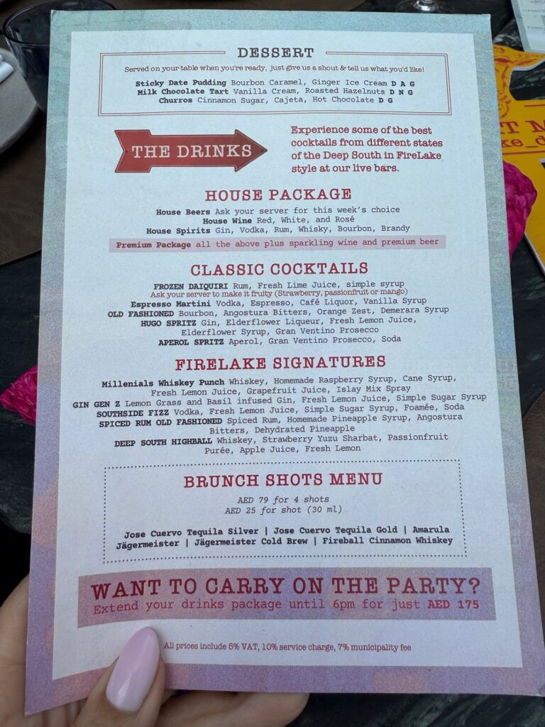 Firelake Brunch Drinks Menu