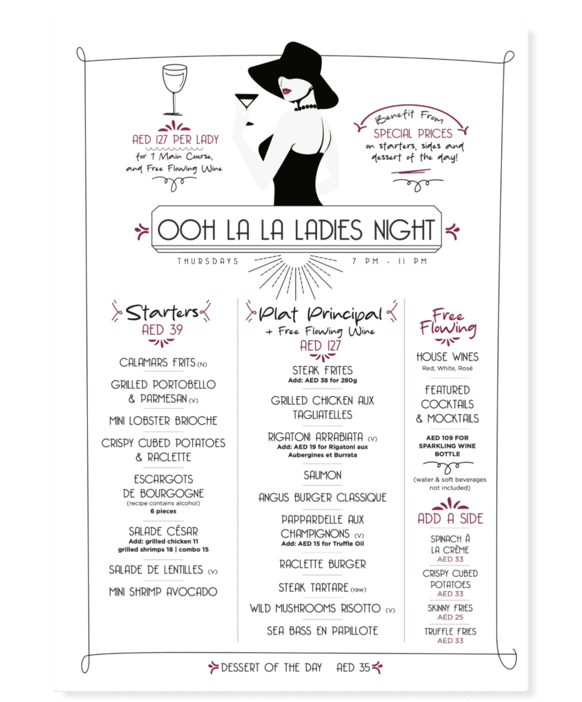 CQ Brasserie ladies night menu