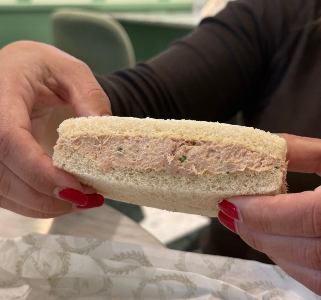 Single crustless tuna finger sandwich from Ladurée Dubai Hills Mall Royal Afternoon Tea, with generous filling