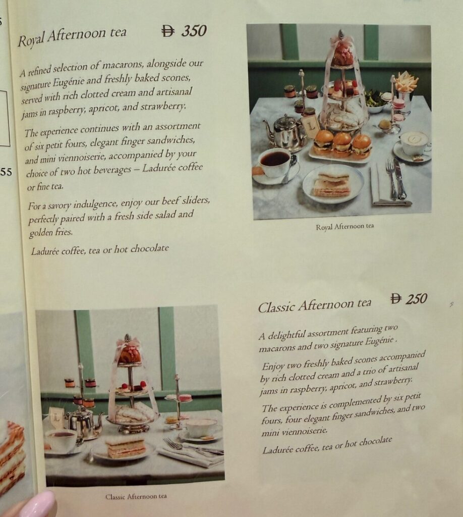 A peek at the Laduree Royal Afternoon Tea menu — so much goodness packed onto one list