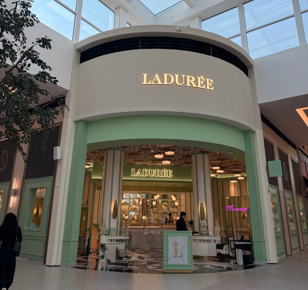 Exterior entrance and Ladurée sign at Dubai Hills Mall, Dubai.
