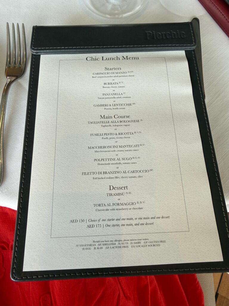 Pierchic chic lunch menu