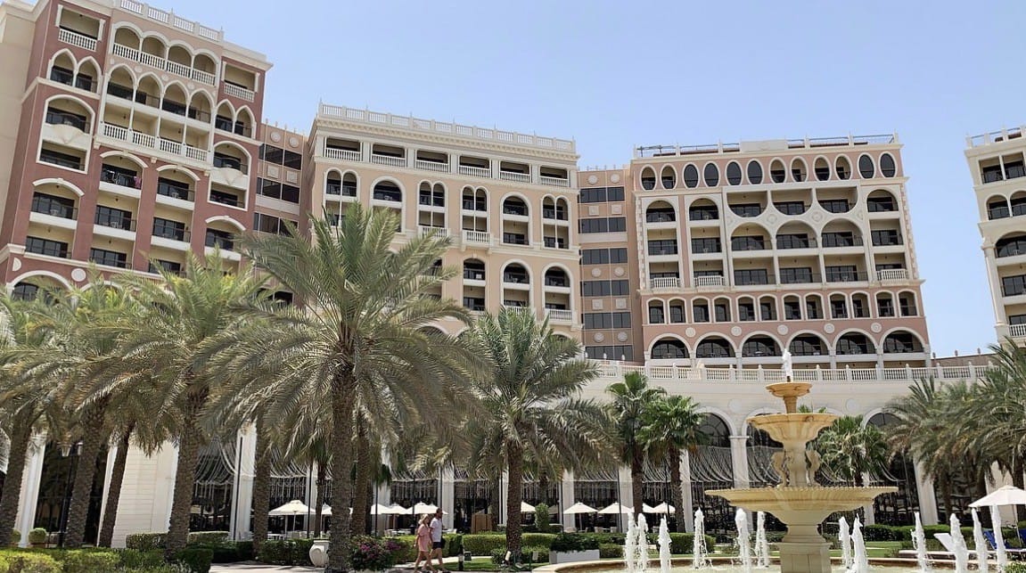Exterior of the Ritz Carlton Abu Dhabi Grand Canal showing the luxurious hotel building