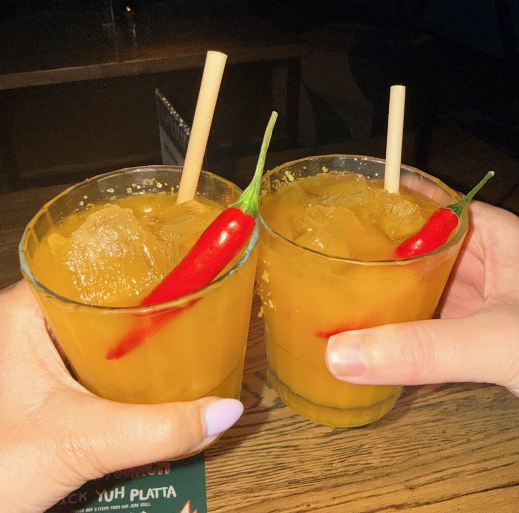 Jerk Shack Margarita cocktail at Miss Lily’s Caribbean restaurant in Dubai, served in a glass with a fruity kick.