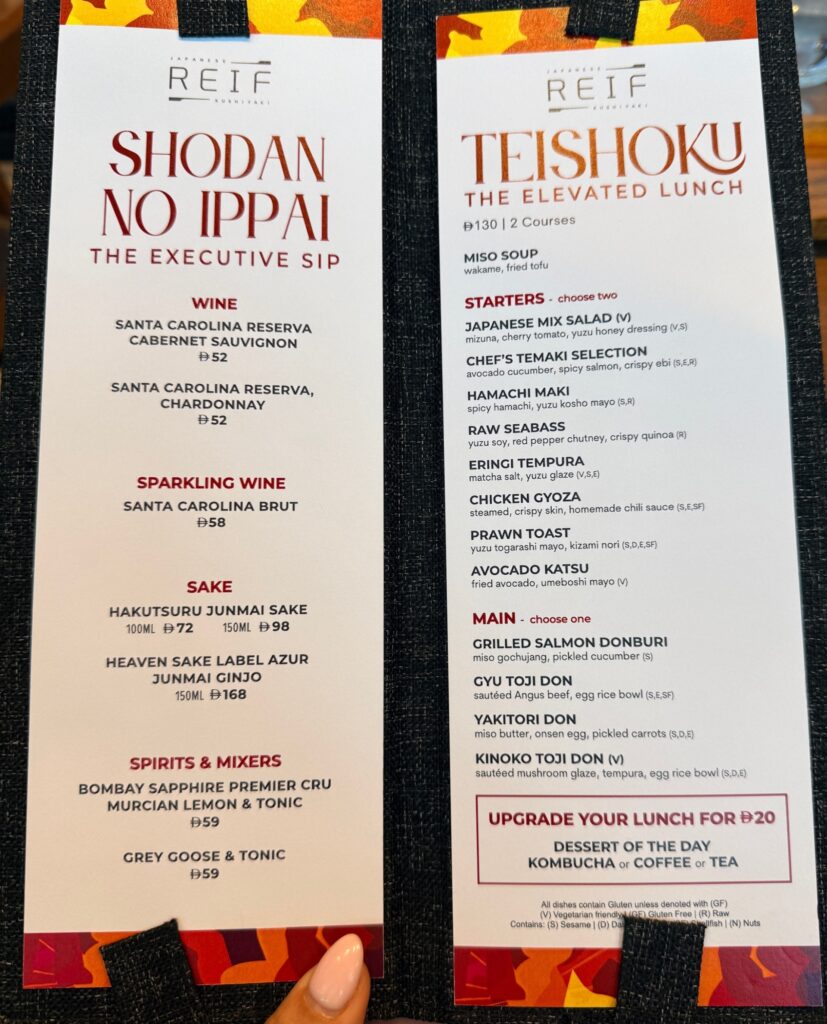 Reif Japanese Kushiyaki business lunch menu in Dubai showing the two-course lunch deal options.