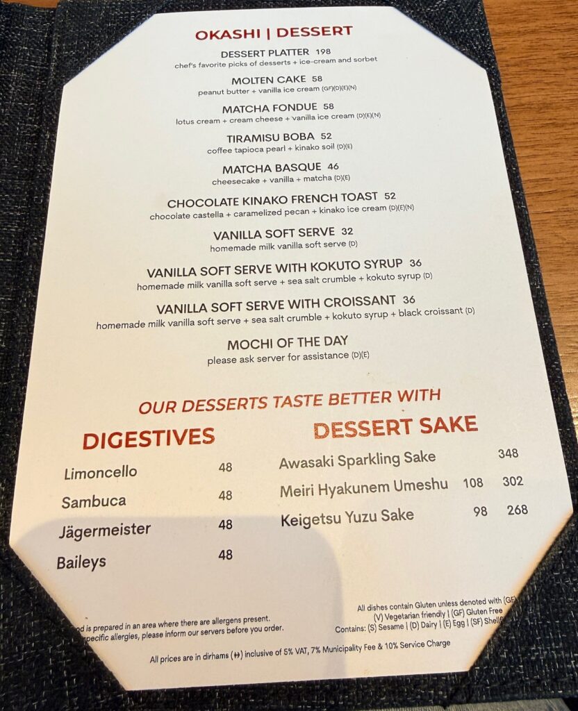 Close-up of the dessert menu at Reif Dubai