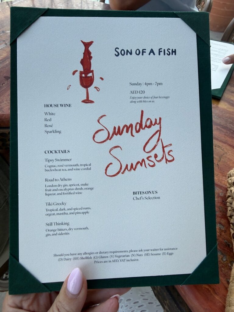 Sunday sips menu AED120